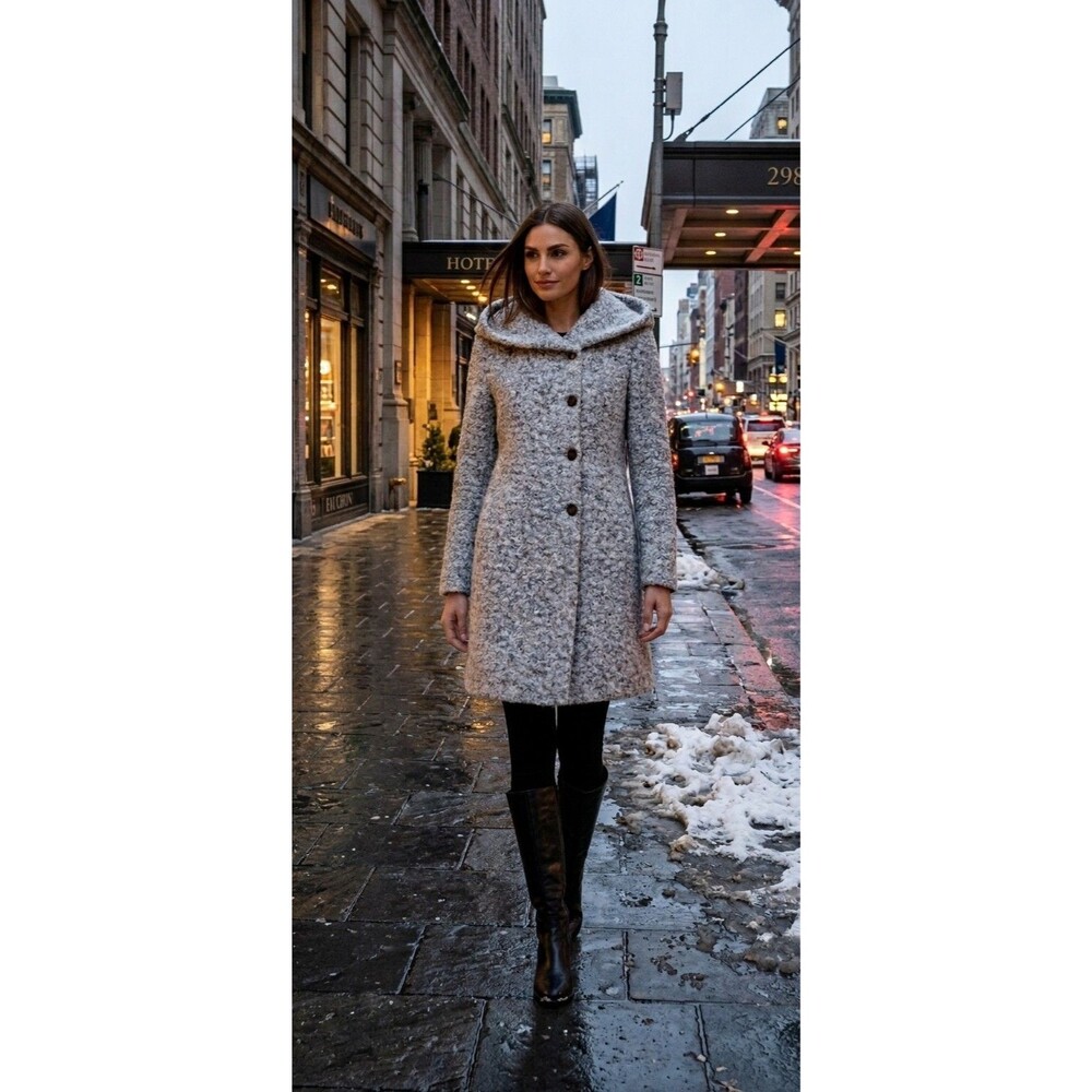 Cole Haan Women's Wool Coat 10 Textured Signature Asymmetrical Walker Cream/Grey